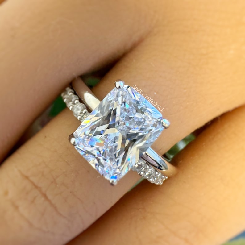2.50ct Radiant Cut Moissanite Engagement Ring Set, Radiant Solitaire Ring Set, Moissanite, Wedding Set, Sterling Silver with Vermeil