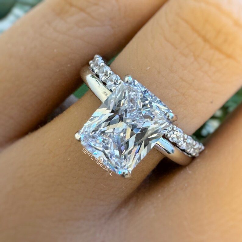 2.50ct Radiant Cut Moissanite Engagement Ring Set, Radiant Solitaire Ring Set, Moissanite, Wedding Set, Sterling Silver with Vermeil