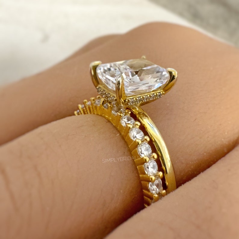 3.00ct Crushed Ice Engagement Ring Set, Radiant Crushed Ice Solitaire Ring Set, Hidden Halo, Sterling Silver with Vermeil, Minimalist