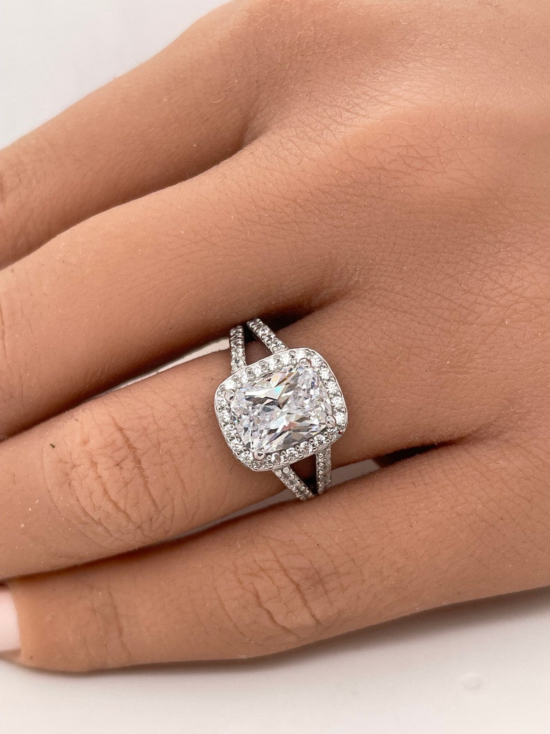 Cushion Cut Engagement Ring, Art Deco Cushion Ring, Split Shank, Simulated Cushion Diamond Ring, Sterling Silver