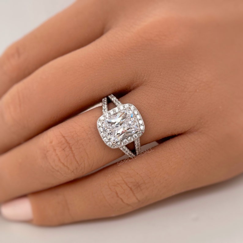 Cushion Cut Engagement Ring, Art Deco Cushion Ring, Split Shank, Simulated Cushion Diamond Ring, Sterling Silver