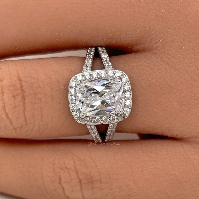 Cushion Cut Engagement Ring, Art Deco Cushion Ring, Split Shank, Simulated Cushion Diamond Ring, Sterling Silver