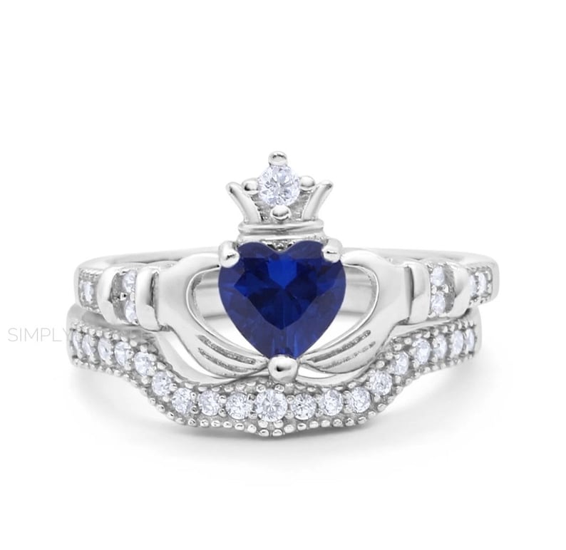Irish Claddagh Ring Set, Heart Simulated Diamond Accent Claddagh Engagement Ring Set, Traditional Irish Ring, Bridal Ring Set