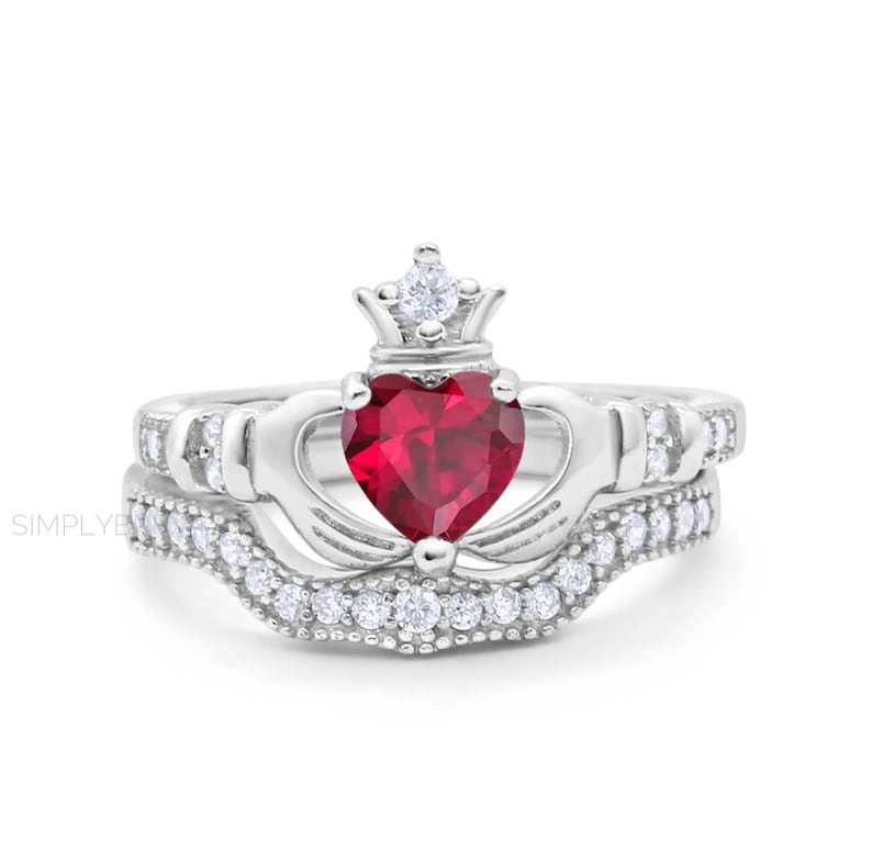 Irish Claddagh Ring Set, Heart Simulated Diamond Accent Claddagh Engagement Ring Set, Traditional Irish Ring, Bridal Ring Set