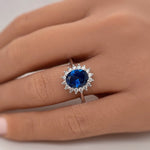 Load image into Gallery viewer, Oval Sapphire Halo Engagement Ring, Art Deco Sapphire Engagement Ring, Blue Ring, Oval Sapphire Proposal Ring, Statement Sapphire Ring