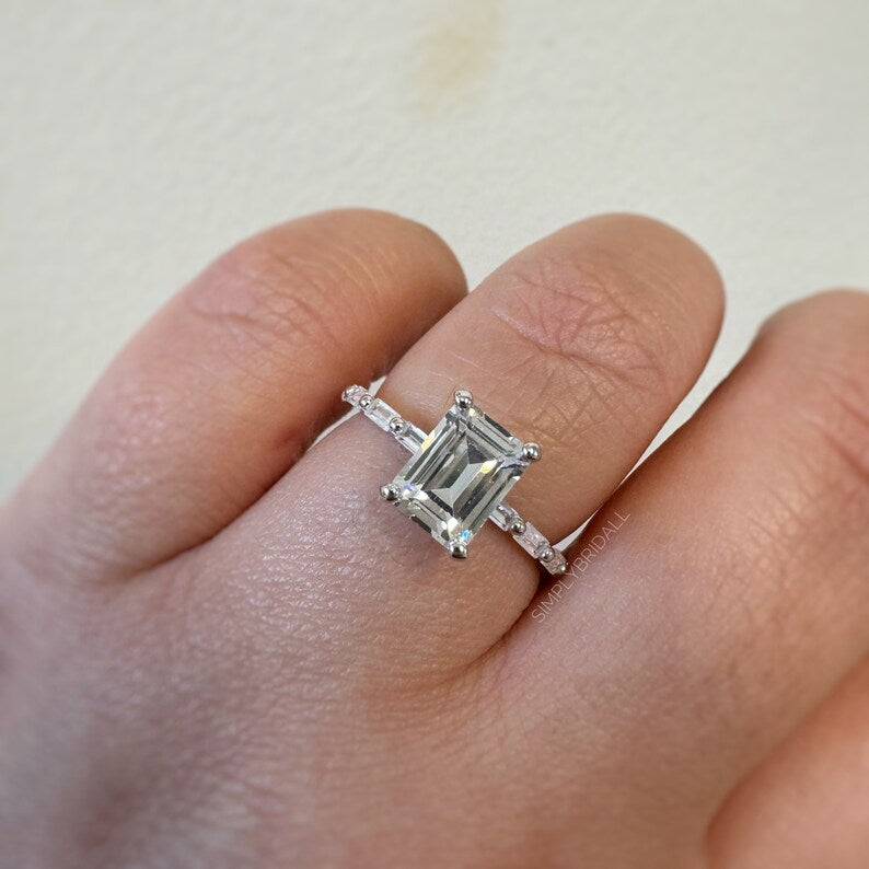 1.75ct Emerald Cut Engagement Ring, Emerald Cut Baguette Band Ring, Emerald Cut CZ Baguette Ring Sterling Silver with Vermeil