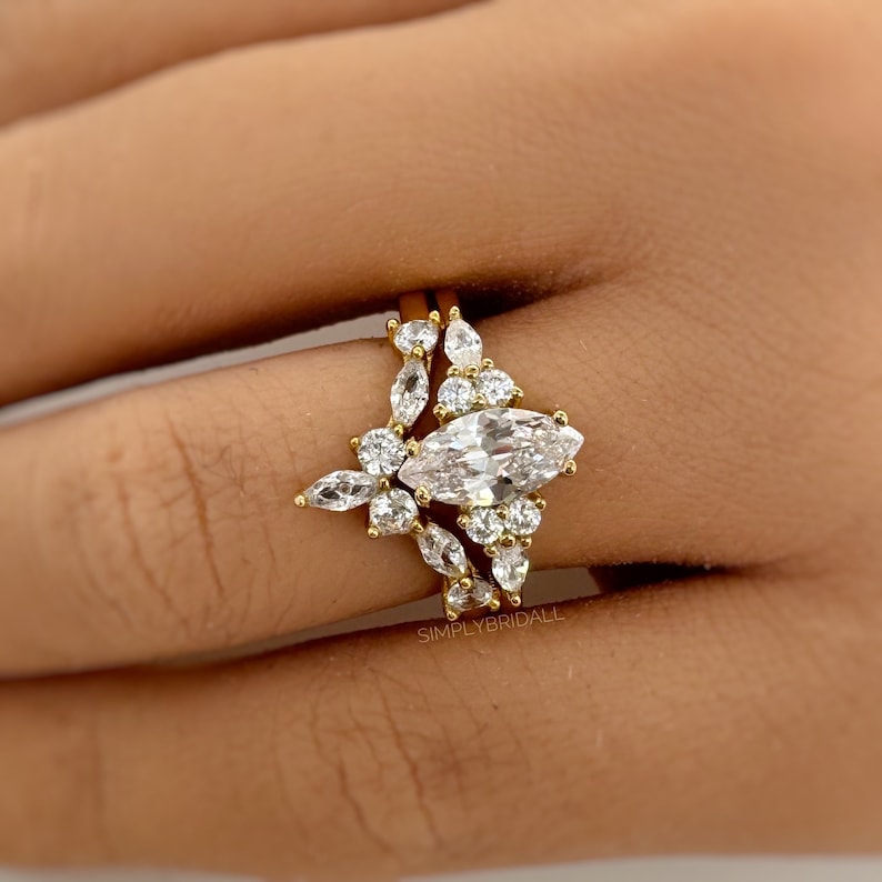 1.00ct Marquise Ring Set, Art Deco Marquise Engagement Ring Set, Bridal Marquise Ring Set, Wedding Set, Sterling Silver with Vermeil