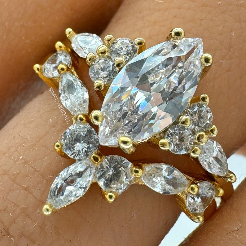 1.00ct Marquise Ring Set, Art Deco Marquise Engagement Ring Set, Bridal Marquise Ring Set, Wedding Set, Sterling Silver with Vermeil