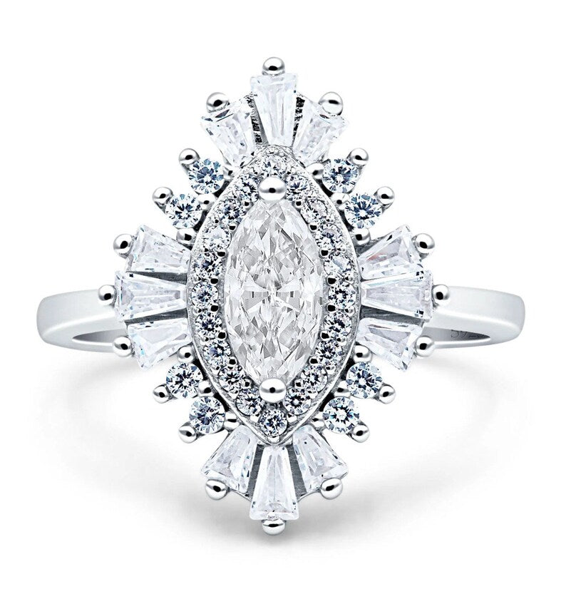 Art Deco Cluster Engagement Ring, Marquise Baguette Cluster, Wedding Ring Simulated Diamond, Bridal Ring Art Deco