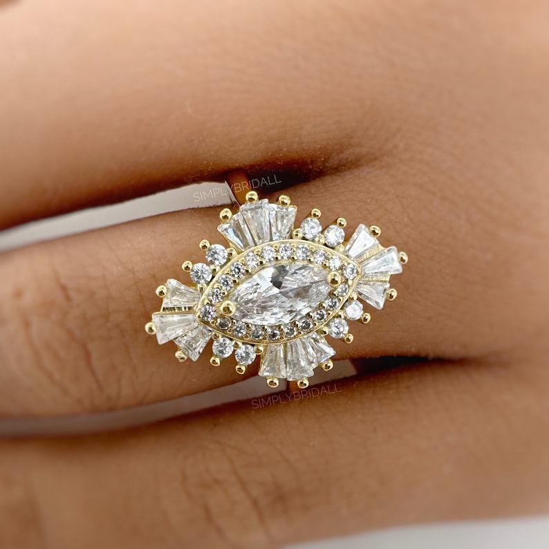 Art Deco Cluster Engagement Ring, Marquise Baguette Cluster, Wedding Ring Simulated Diamond, Bridal Ring Art Deco