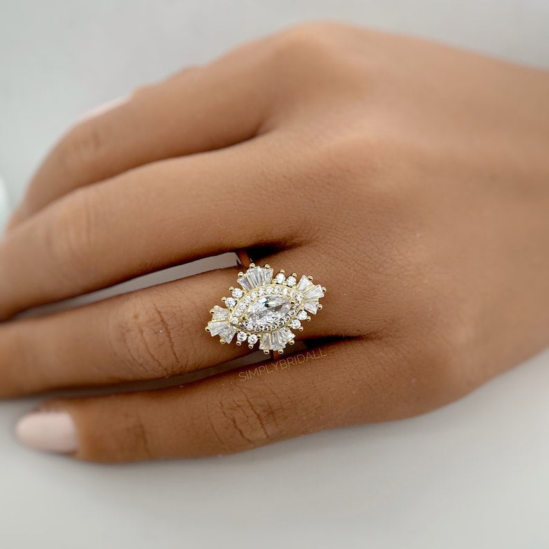 Art Deco Cluster Engagement Ring, Marquise Baguette Cluster, Wedding Ring Simulated Diamond, Bridal Ring Art Deco