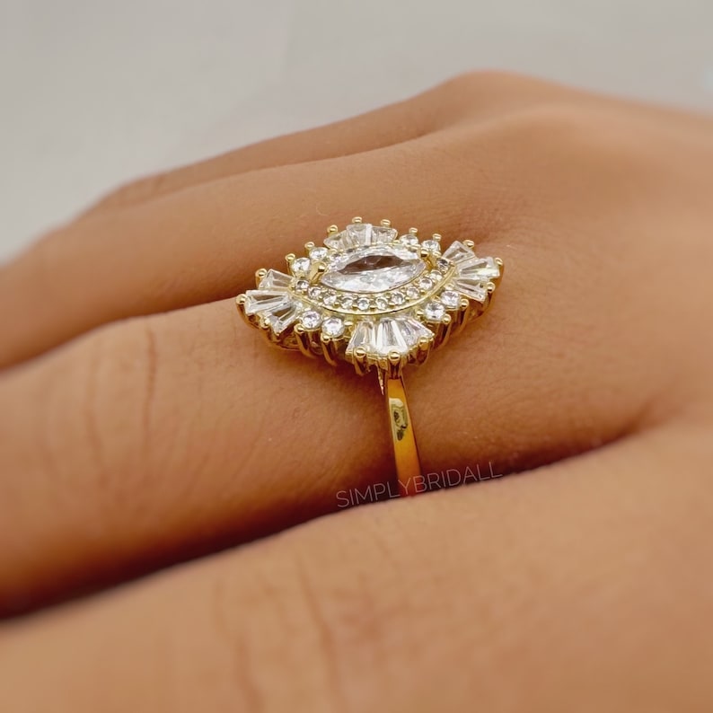 Art Deco Cluster Engagement Ring, Marquise Baguette Cluster, Wedding Ring Simulated Diamond, Bridal Ring Art Deco