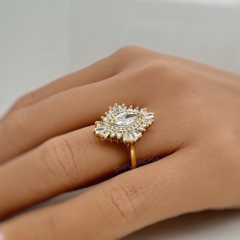 Art Deco Cluster Engagement Ring, Marquise Baguette Cluster, Wedding Ring Simulated Diamond, Bridal Ring Art Deco