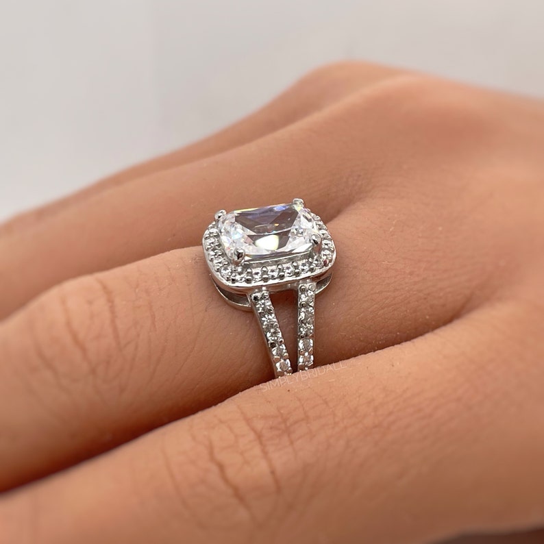 Cushion Cut Engagement Ring, Art Deco Cushion Ring, Split Shank, Simulated Cushion Diamond Ring, Sterling Silver