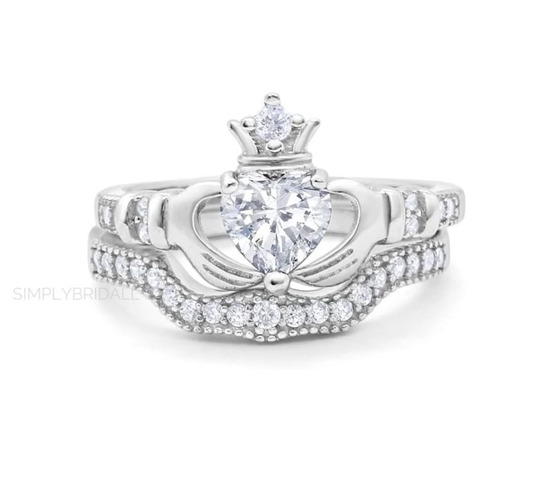Irish Claddagh Ring Set, Heart Simulated Diamond Accent Claddagh Engagement Ring Set, Traditional Irish Ring, Bridal Ring Set