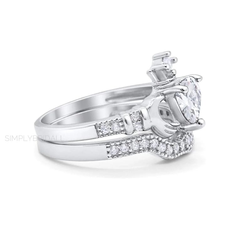 Irish Claddagh Ring Set, Heart Simulated Diamond Accent Claddagh Engagement Ring Set, Traditional Irish Ring, Bridal Ring Set