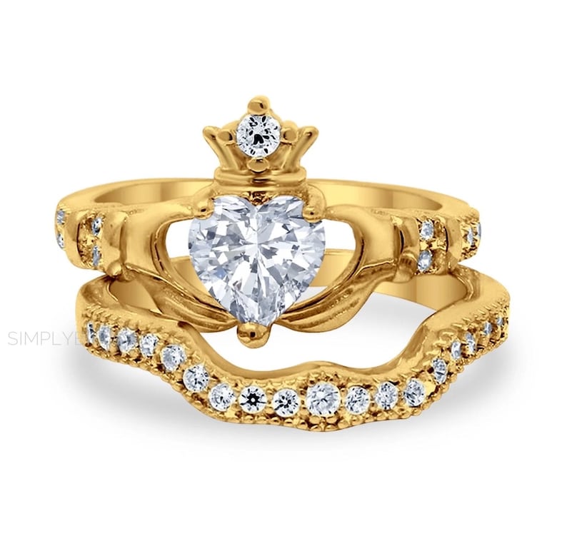 Irish Claddagh Ring Set, Heart Simulated Diamond Accent Claddagh Engagement Ring Set, Traditional Irish Ring, Bridal Ring Set