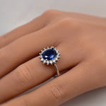 Load image into Gallery viewer, Oval Sapphire Halo Engagement Ring, Art Deco Sapphire Engagement Ring, Blue Ring, Oval Sapphire Proposal Ring, Statement Sapphire Ring