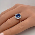 Load image into Gallery viewer, Oval Sapphire Halo Engagement Ring, Art Deco Sapphire Engagement Ring, Blue Ring, Oval Sapphire Proposal Ring, Statement Sapphire Ring