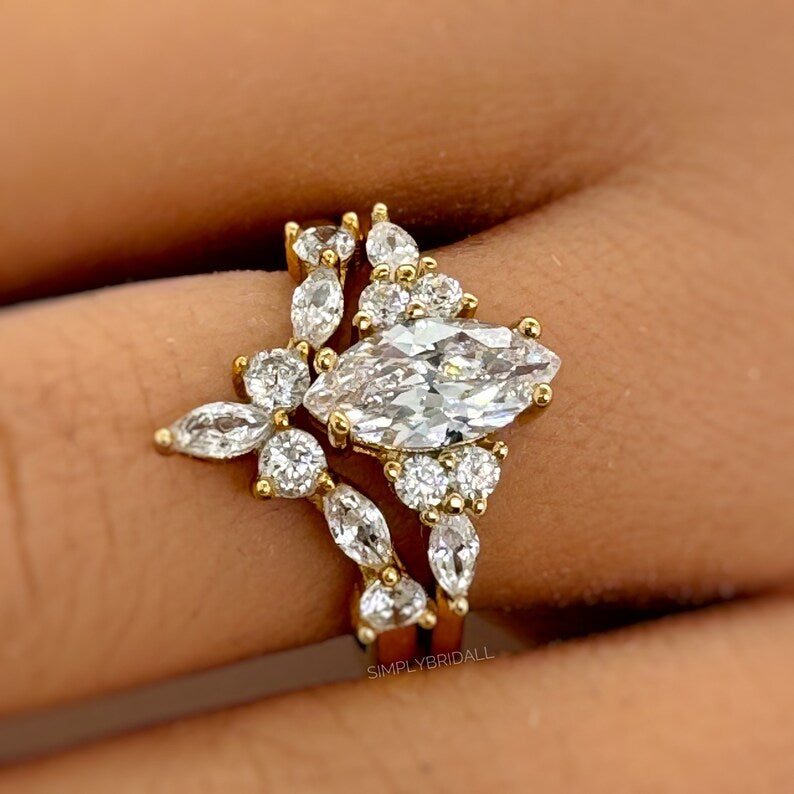 1.00ct Marquise Ring Set, Art Deco Marquise Engagement Ring Set, Bridal Marquise Ring Set, Wedding Set, Sterling Silver with Vermeil