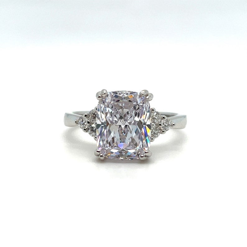3.50 Elongated Cushion Cut Moissanite Engagement Ring, Double Prong, Side Accents, Long Cushion Cut Moissanite, Sterling Silver with Vermeil