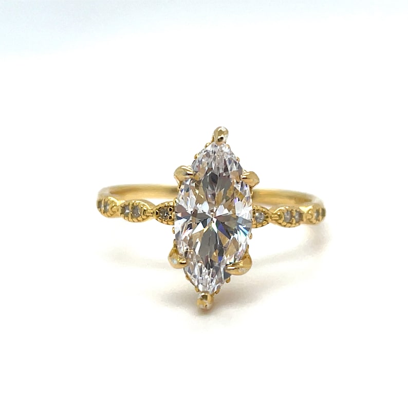 2.00ct Marquise Simulated Diamond Engagement Ring, Art Deco, Dainty Marquise Bridal Ring, Sterling Silver with Vermeil