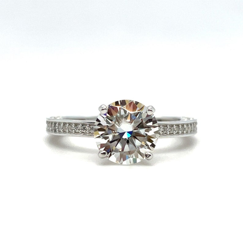 2.00ct Round Moissanite Engagement Ring, 4 Prong Genuine Moissanite, Hidden Halo, Bridal Ring, Proposal Ring, Sterling Silver with Vermeil