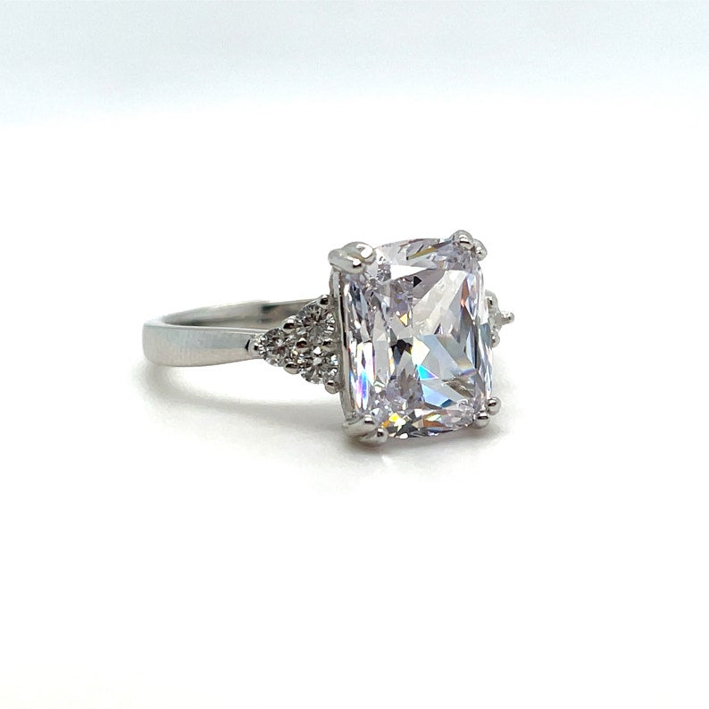 4.00ct Elongated Cushion Cut Moissanite Engagement Ring, Double Prong Side Accents, Long Cushion Cut Moissanite Sterling Silver with Vermeil