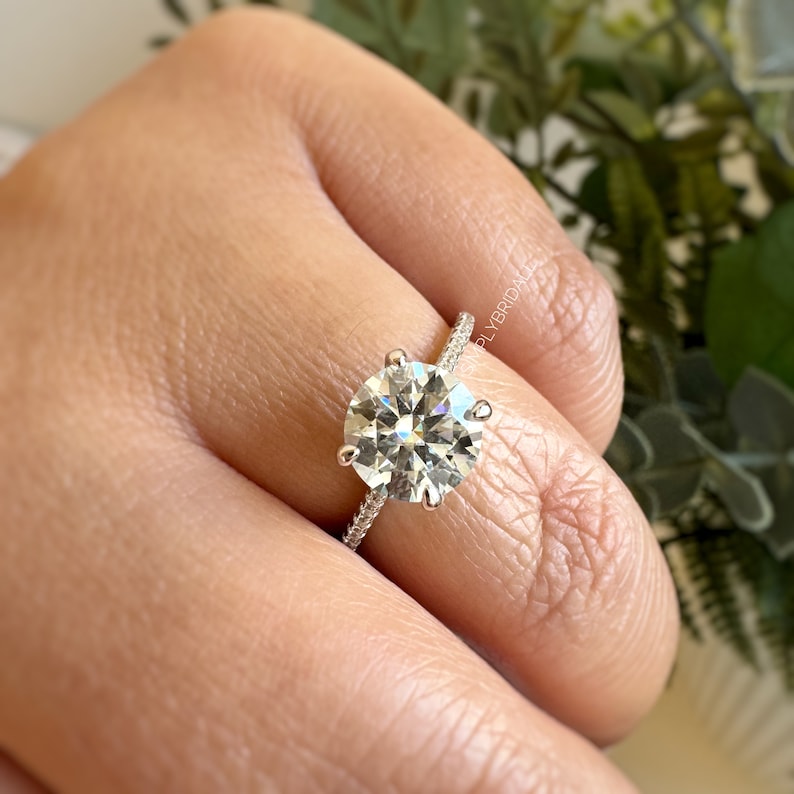 2.00ct Round Moissanite Engagement Ring, Hidden Halo, Moissanite Bridal Ring, Proposal Ring, Sterling Silver with Vermeil, 14k Gold