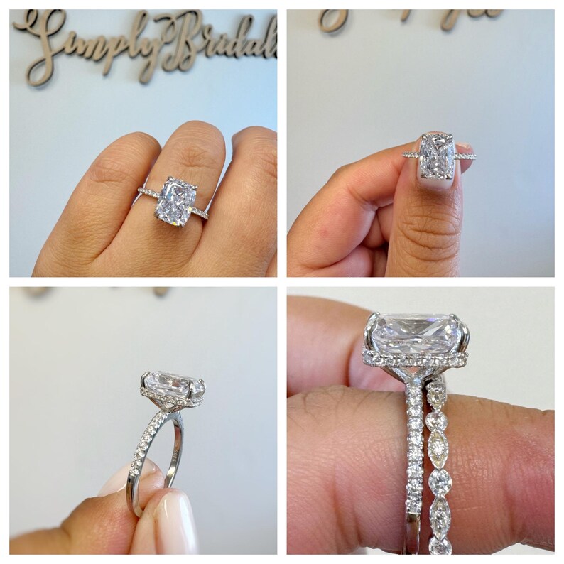 4.00ct Elongated Cushion Cut Moissanite Engagement Ring, Solitaire Long Cushion Cut Hidden Halo Ring, Sterling Silver with Vermeil