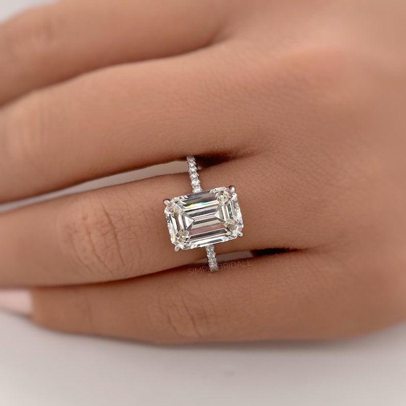 4.50ct Emerald Cut Moissanite Engagement Ring, Emerald Cut Solitaire Ring, Moissanite Ring Hidden Halo, Long Emerald Cut Moissanite Ring