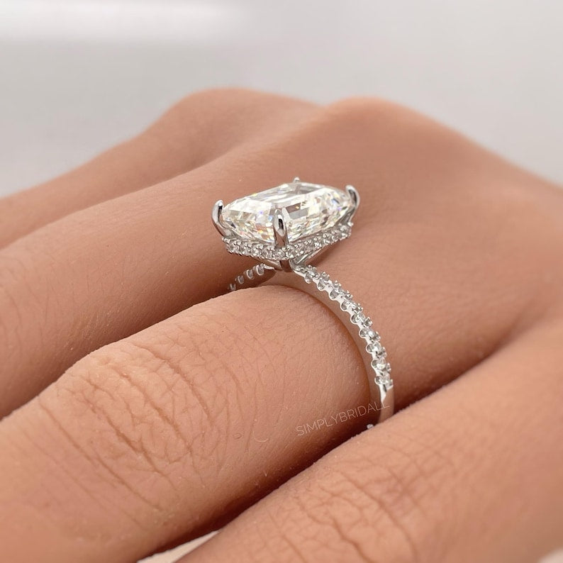 4.50ct Emerald Cut Moissanite Engagement Ring, Emerald Cut Solitaire Ring, Moissanite Ring Hidden Halo, Long Emerald Cut Moissanite Ring