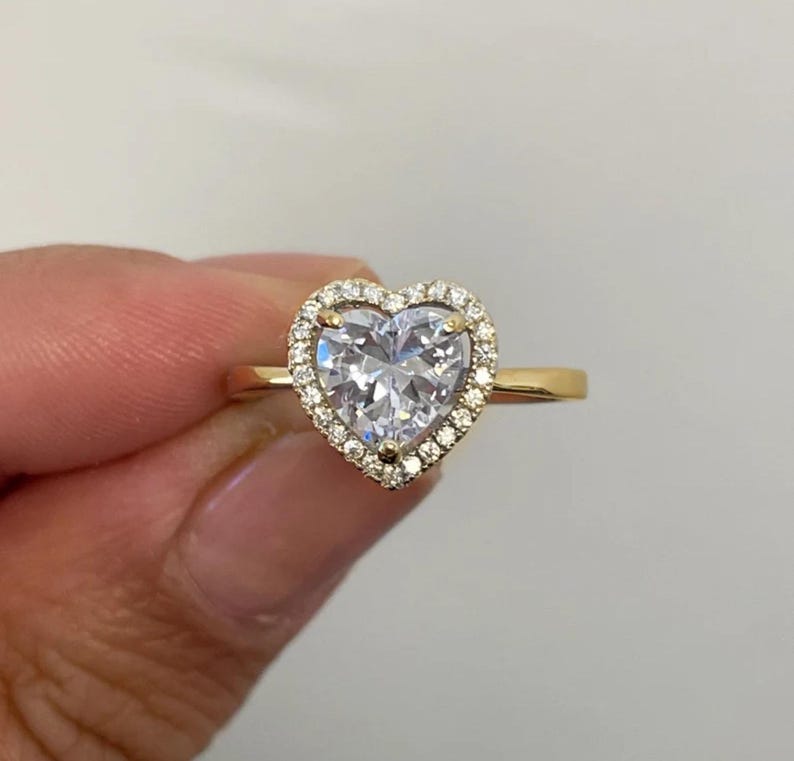 1.00ct Heart Diamond Halo Engagement Ring, Heart Bridal Ring, Proposal Ring, Simple Heart Ring, Sterling Silver with Simulated Diamonds