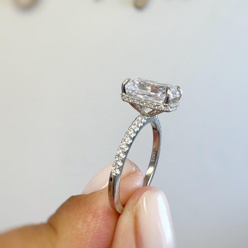 4.00ct Elongated Cushion Cut Moissanite Engagement Ring, Solitaire Long Cushion Cut Hidden Halo Ring, Sterling Silver with Vermeil