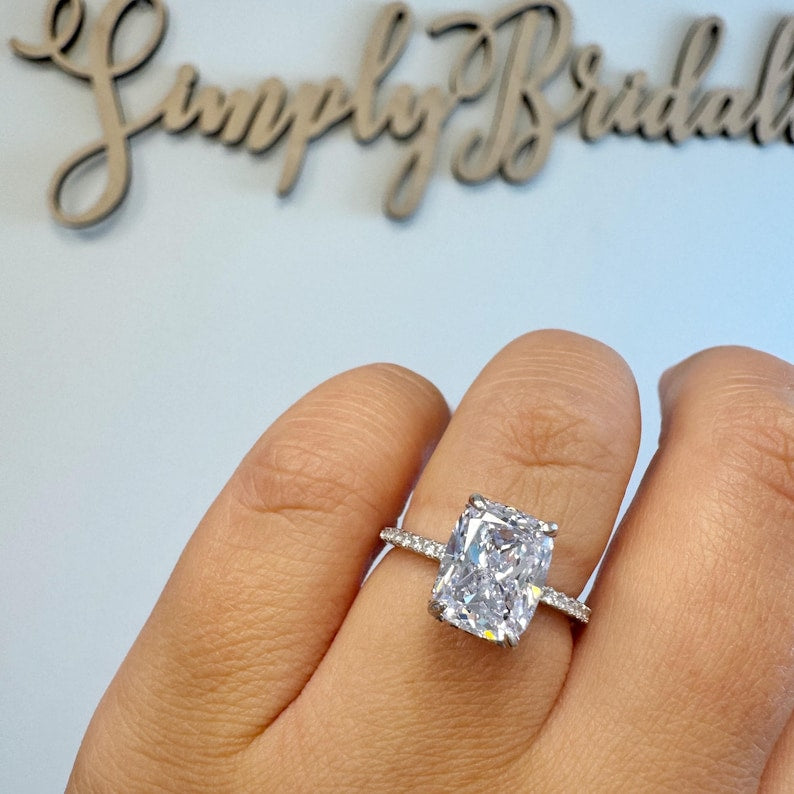 4.00ct Elongated Cushion Cut Moissanite Engagement Ring, Solitaire Long Cushion Cut Hidden Halo Ring, Sterling Silver with Vermeil
