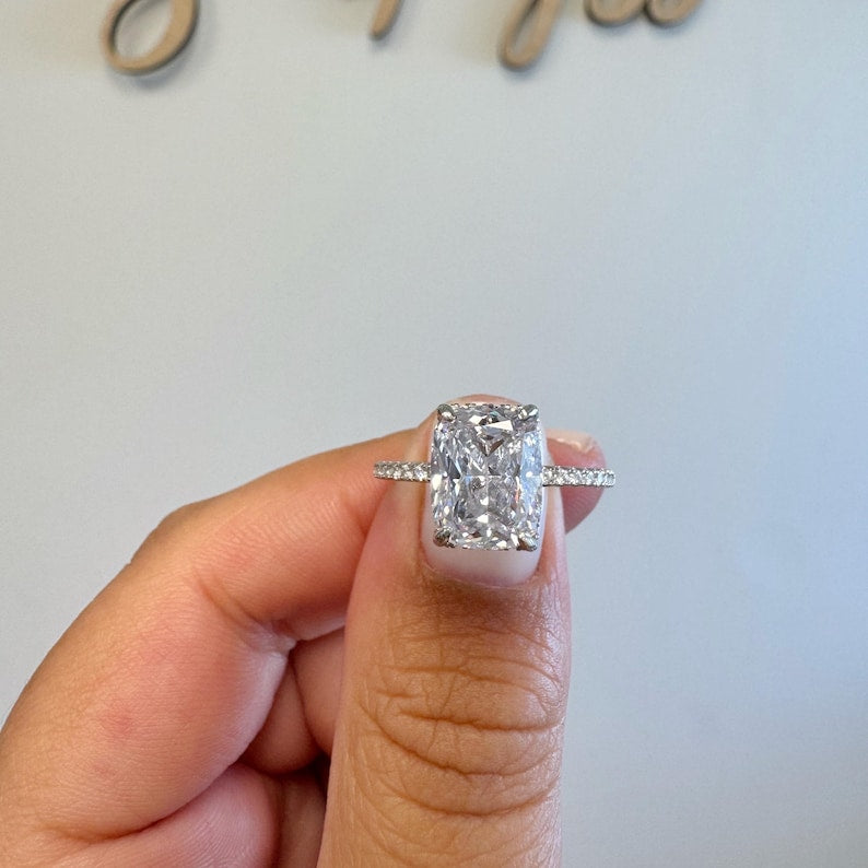 4.00ct Elongated Cushion Cut Moissanite Engagement Ring, Solitaire Long Cushion Cut Hidden Halo Ring, Sterling Silver with Vermeil