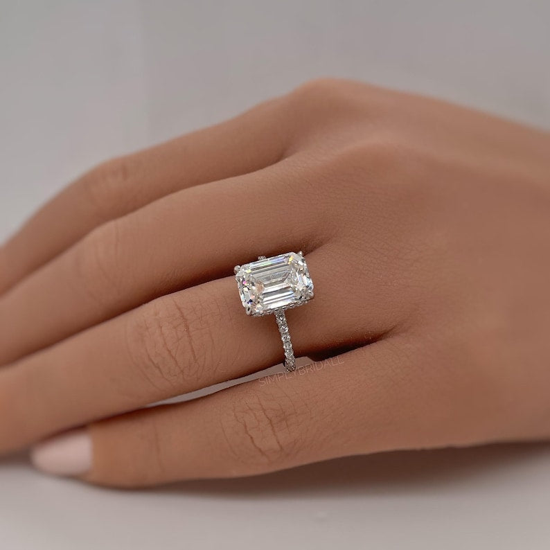 4.50ct Emerald Cut Moissanite Engagement Ring, Emerald Cut Solitaire Ring, Moissanite Ring Hidden Halo, Long Emerald Cut Moissanite Ring