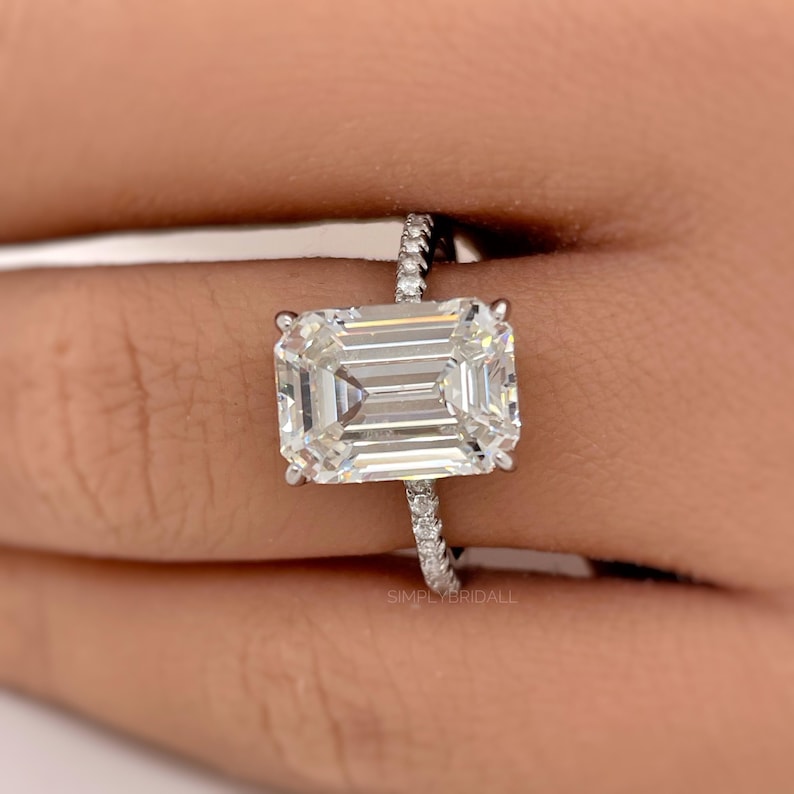 4.50ct Emerald Cut Moissanite Engagement Ring, Emerald Cut Solitaire Ring, Moissanite Ring Hidden Halo, Long Emerald Cut Moissanite Ring