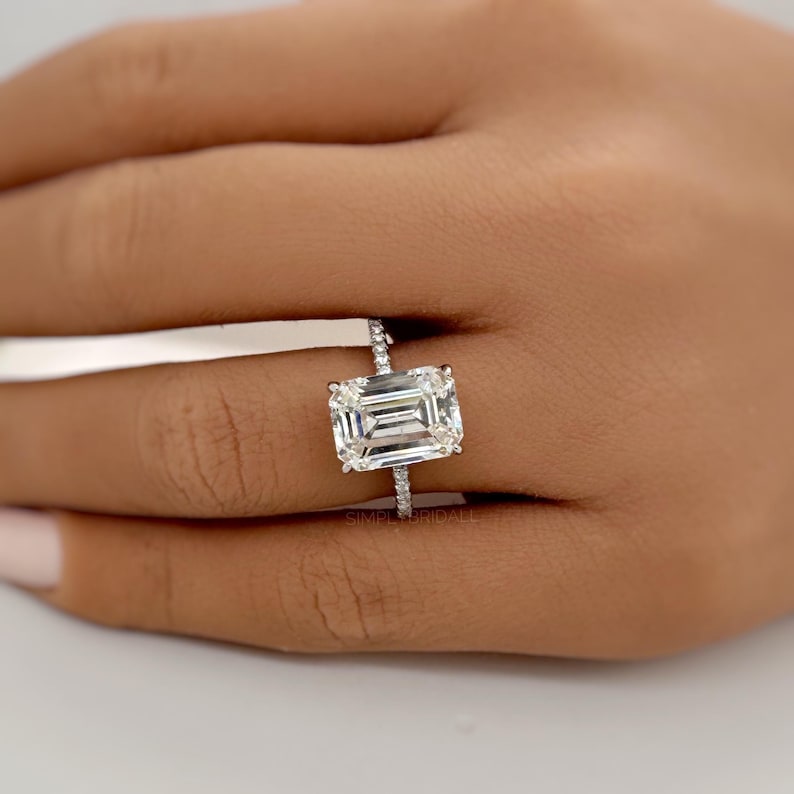 4.50ct Emerald Cut Moissanite Engagement Ring, Emerald Cut Solitaire Ring, Moissanite Ring Hidden Halo, Long Emerald Cut Moissanite Ring