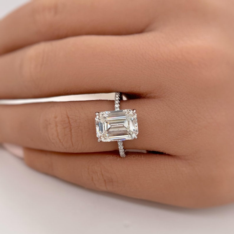 4.50ct Emerald Cut Moissanite Engagement Ring, Emerald Cut Solitaire Ring, Moissanite Ring Hidden Halo, Long Emerald Cut Moissanite Ring