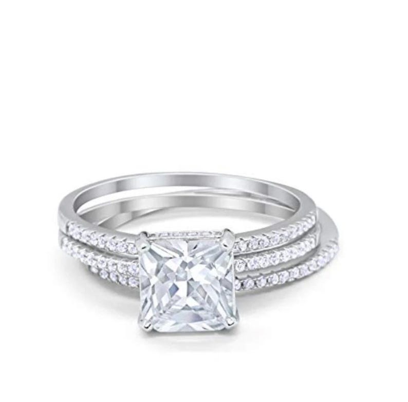 3.00ct Princess Cut Engagement Ring, 3 Ring Set, Square Hidden Halo Engagement Ring, Sterling Silver with Vermeil, Minimalist Set
