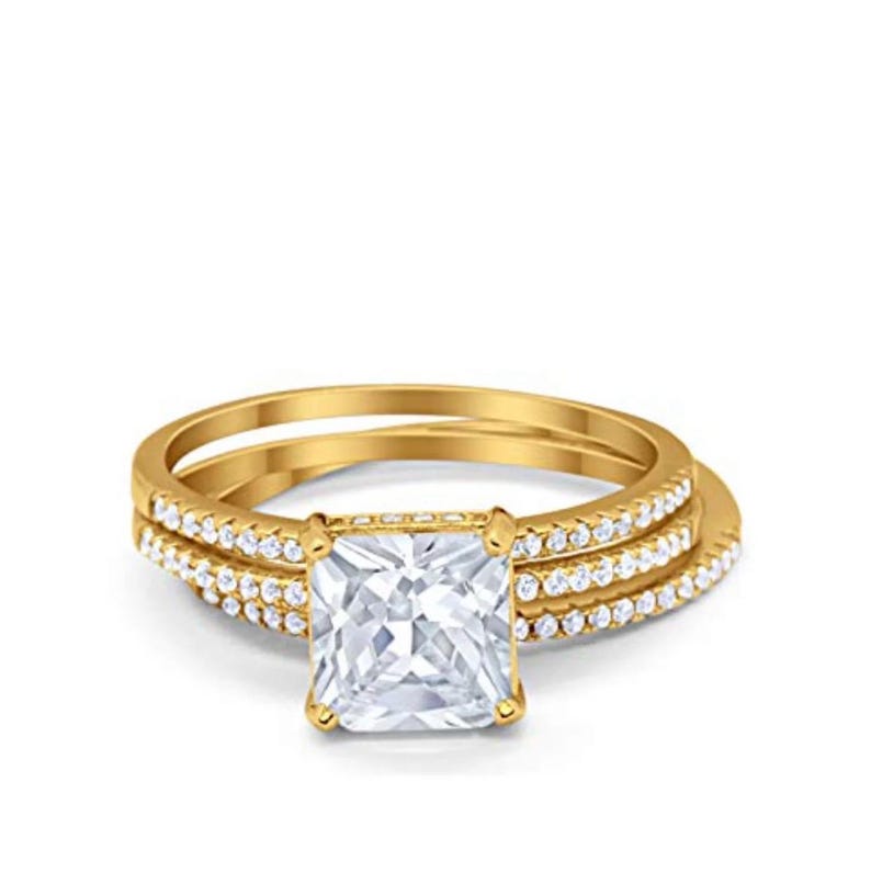 3.00ct Princess Cut Engagement Ring, 3 Ring Set, Square Hidden Halo Engagement Ring, Sterling Silver with Vermeil, Minimalist Set