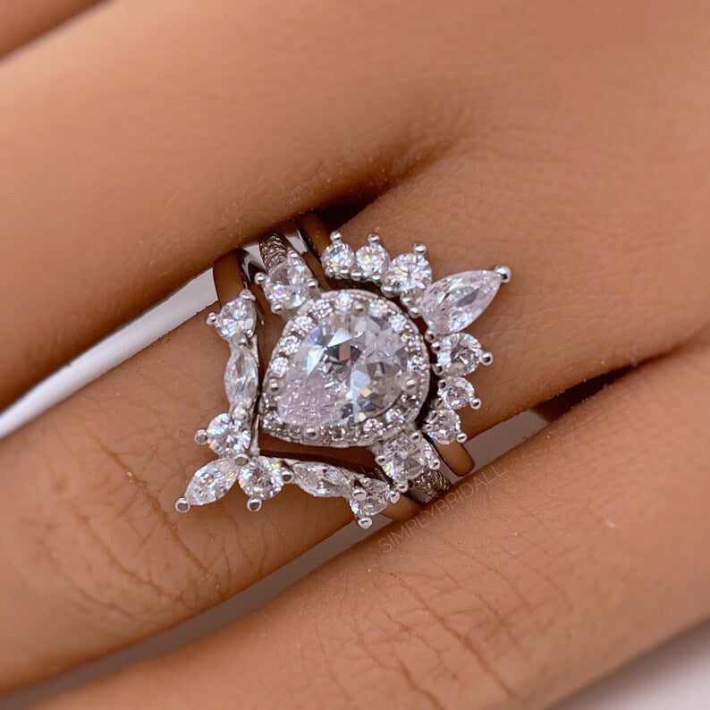 3 Ring Pear Halo Ring Set, 1.00ct Pear Halo, Art Deco Pear Marquise Band, Teardrop Engagement Ring Set, Wedding Set Sterling Silver, Vermeil