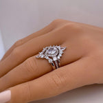 Load image into Gallery viewer, 3 Ring Pear Halo Ring Set, 1.00ct Pear Halo, Art Deco Pear Marquise Band, Teardrop Engagement Ring Set, Wedding Set Sterling Silver, Vermeil
