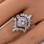 Load image into Gallery viewer, 3 Ring Pear Halo Ring Set, 1.00ct Pear Halo, Art Deco Pear Marquise Band, Teardrop Engagement Ring Set, Wedding Set Sterling Silver, Vermeil