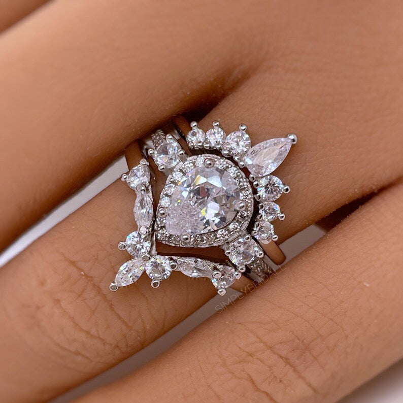 3 Ring Pear Halo Ring Set, 1.00ct Pear Halo, Art Deco Pear Marquise Band, Teardrop Engagement Ring Set, Wedding Set Sterling Silver, Vermeil