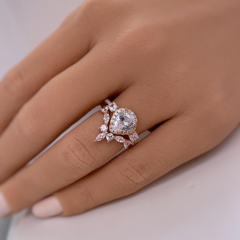 Teardrop Art Deco Engagement Ring Set, Diamond Bridal Set, Art Deco Fitted Ring Set, Sterling Silver, Bridal Ring Set Simulate Diamonds