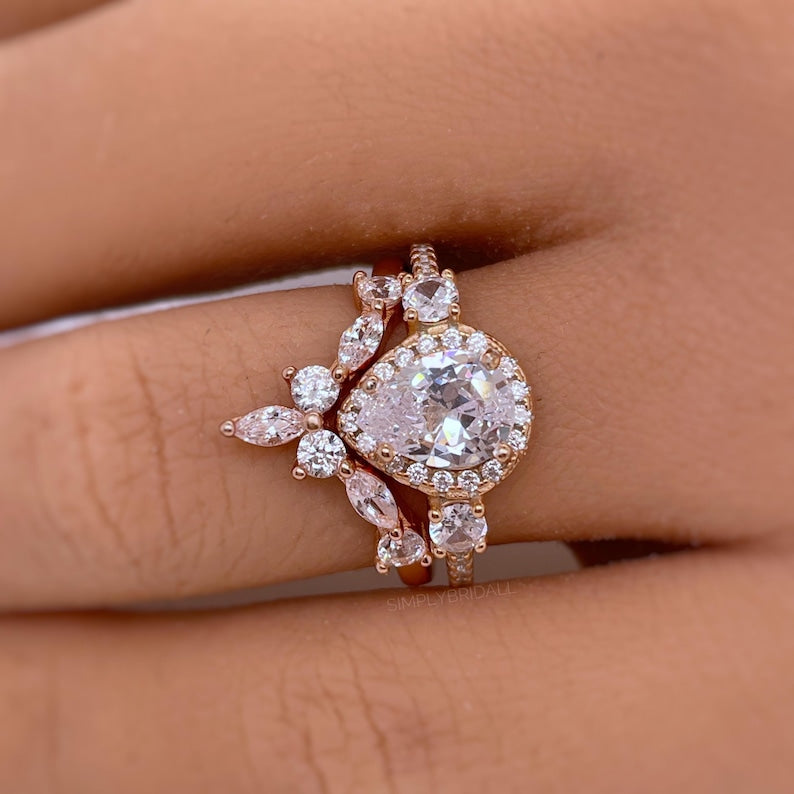 Teardrop Art Deco Engagement Ring Set, Diamond Bridal Set, Art Deco Fitted Ring Set, Sterling Silver, Bridal Ring Set Simulate Diamonds