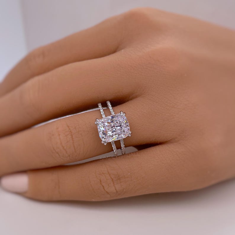 3.50 Elongated Cushion Cut Moissanite Engagement Ring, Split Band, Double Band, Long Cushion Cut Moissanite, Sterling Silver with Vermeil