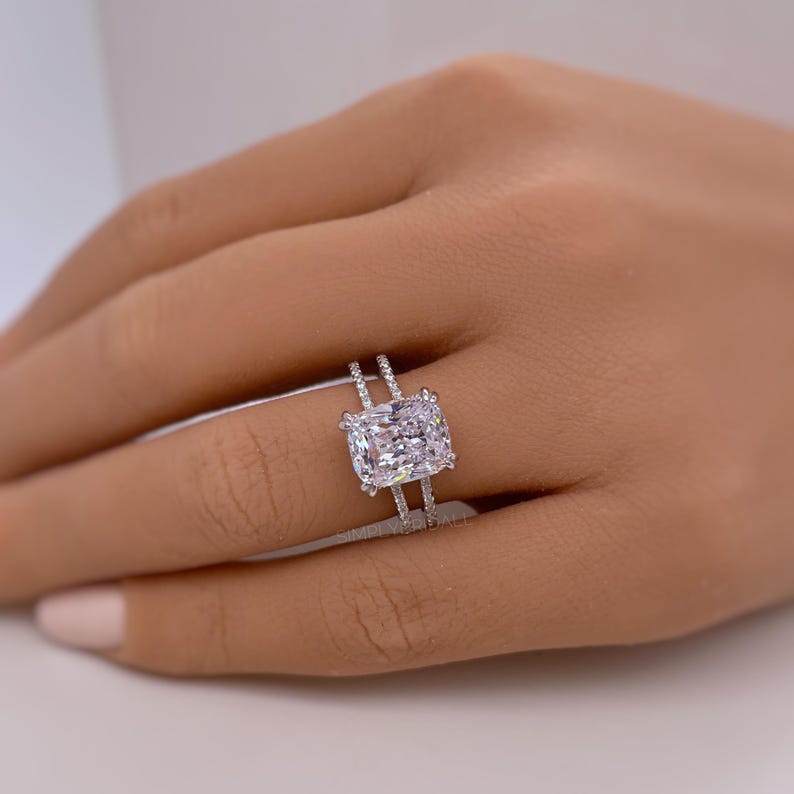 3.50 Elongated Cushion Cut Moissanite Engagement Ring, Split Band, Double Band, Long Cushion Cut Moissanite, Sterling Silver with Vermeil
